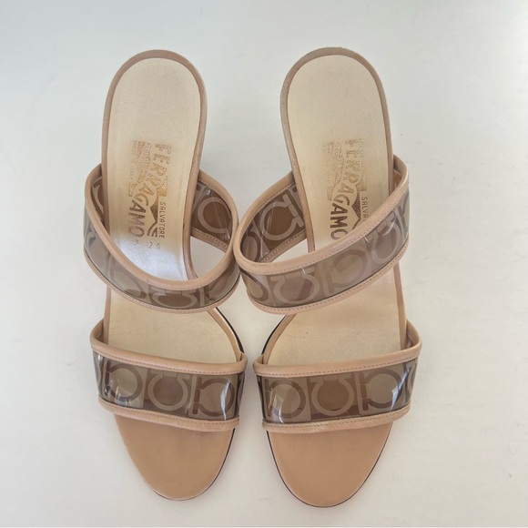 SALVATORE FERRAGAMO Brown Beige Clear Straps Slides Slip On Heels Sandals Sz 7 - Picture 4 of 16